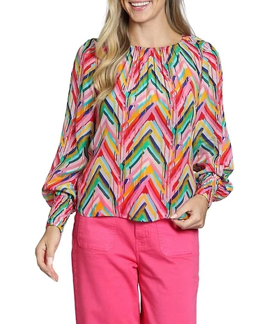 APNY Woven Printed Round Neck Long Sleeve Smocked Blouse