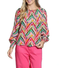 APNY Woven Printed Round Neck Long Sleeve Smocked Blouse