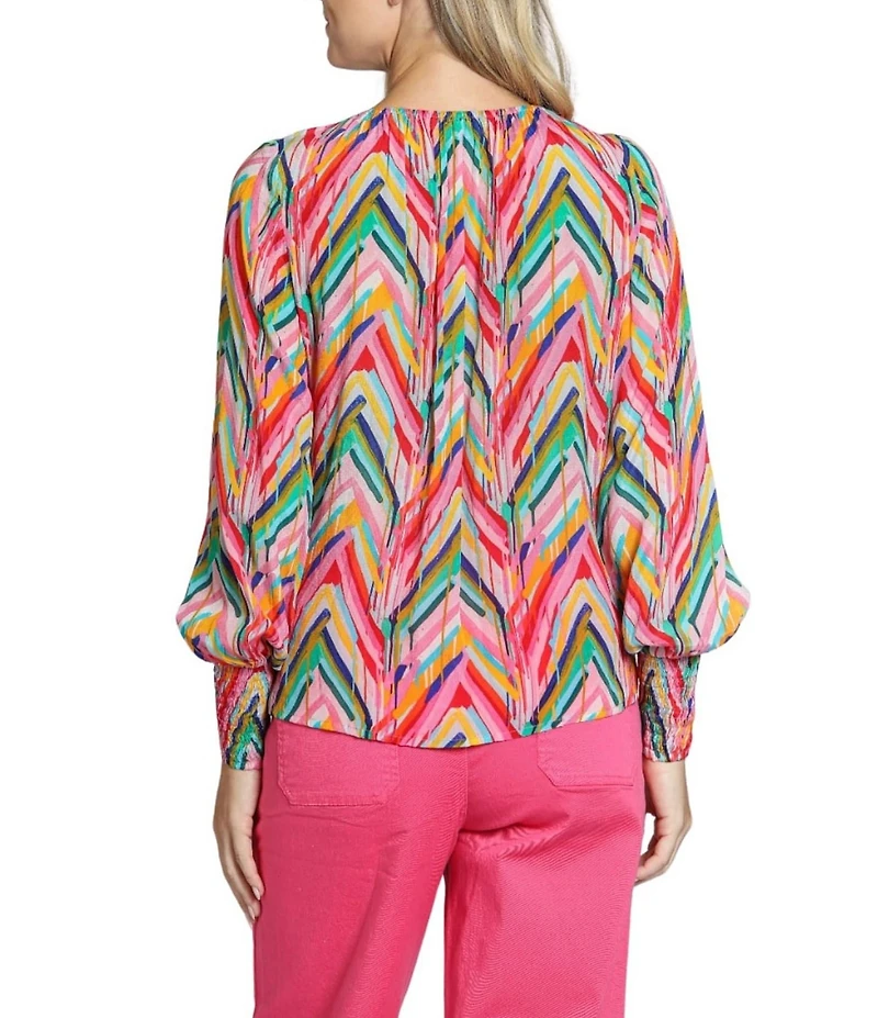 APNY Woven Printed Round Neck Long Sleeve Smocked Blouse