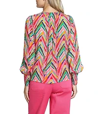APNY Woven Printed Round Neck Long Sleeve Smocked Blouse