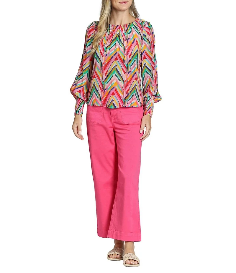 APNY Woven Printed Round Neck Long Sleeve Smocked Blouse
