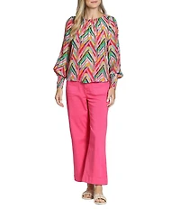 APNY Woven Printed Round Neck Long Sleeve Smocked Blouse
