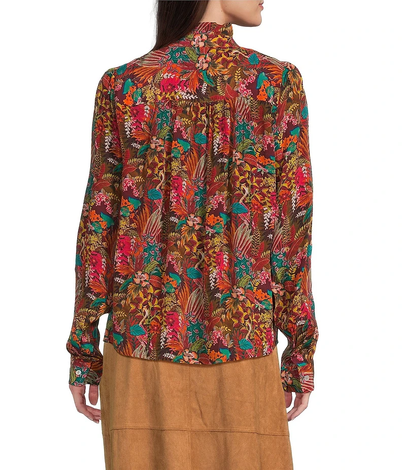 APNY Woven Printed Ruffle Mock Neck Button Down Bouse
