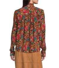 APNY Woven Printed Ruffle Mock Neck Button Down Bouse