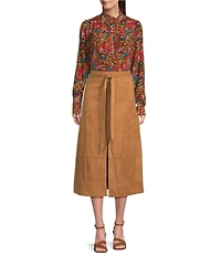 APNY Woven Printed Ruffle Mock Neck Button Down Bouse