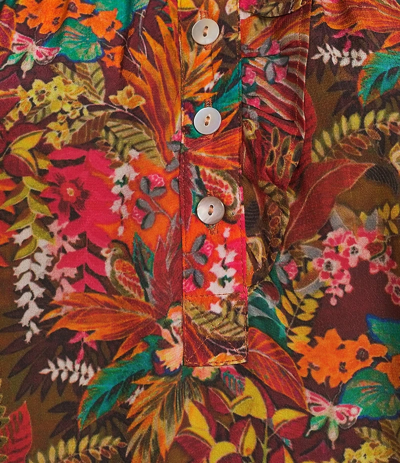 APNY Woven Printed Ruffle Mock Neck Button Down Bouse