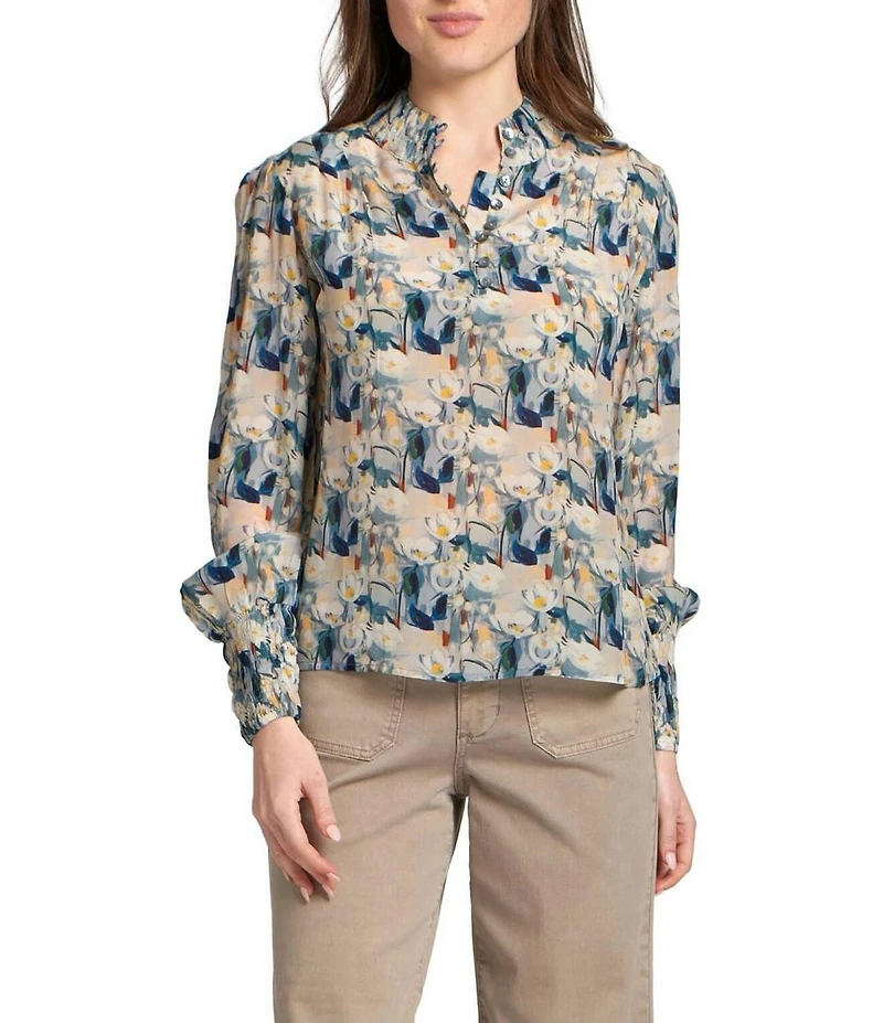APNY Woven Printed Ruffled High Neck Long Sleeve Blouse