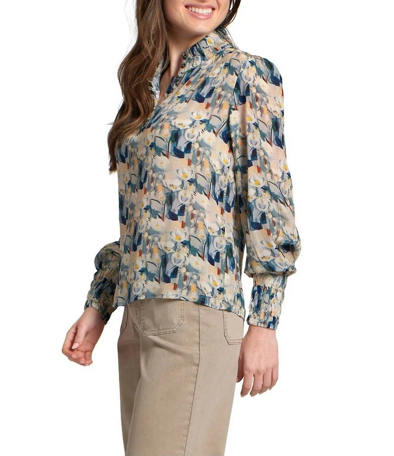 APNY Woven Printed Ruffled High Neck Long Sleeve Blouse