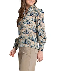 APNY Woven Printed Ruffled High Neck Long Sleeve Blouse
