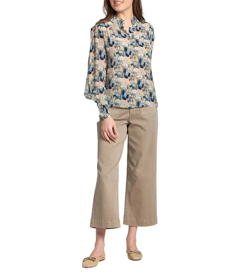 APNY Woven Printed Ruffled High Neck Long Sleeve Blouse