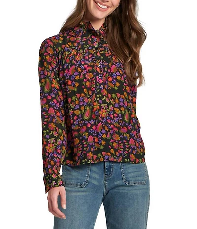 APNY Woven Printed Ruffled Stand Collar Long Sleeve Half Placket Blouse