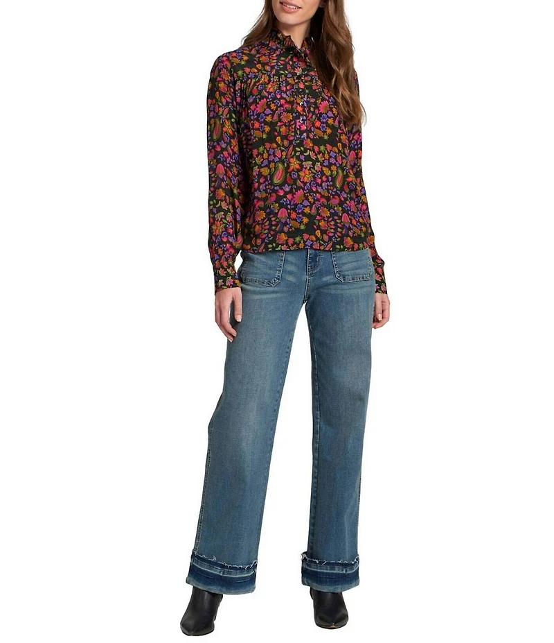 APNY Woven Printed Ruffled Stand Collar Long Sleeve Half Placket Blouse