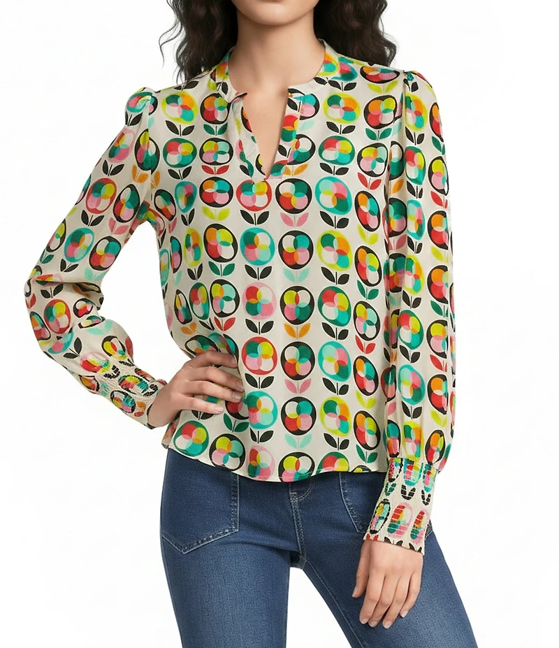 APNY Woven Printed Split V-Neck Long Sleeve Smocked Cuff Blouse