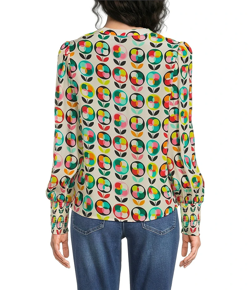 APNY Woven Printed Split V-Neck Long Sleeve Smocked Cuff Blouse