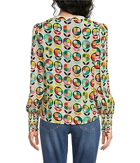 APNY Woven Printed Split V-Neck Long Sleeve Smocked Cuff Blouse