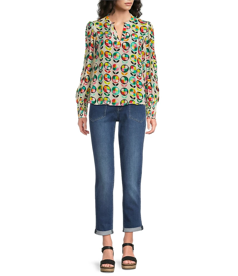 APNY Woven Printed Split V-Neck Long Sleeve Smocked Cuff Blouse