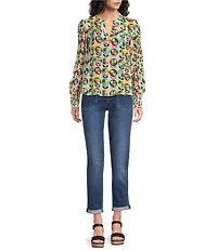 APNY Woven Printed Split V-Neck Long Sleeve Smocked Cuff Blouse