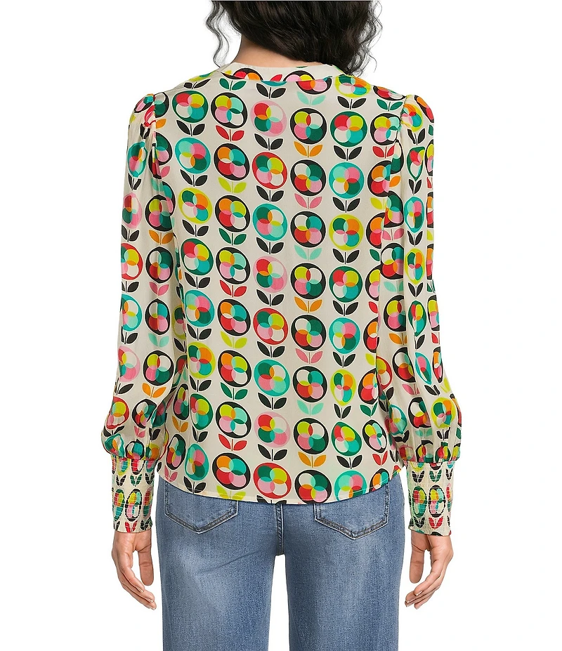 APNY Woven Printed Split V-Neck Long Sleeve Smocked Cuff Blouse