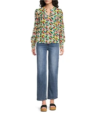 APNY Woven Printed Split V-Neck Long Sleeve Smocked Cuff Blouse