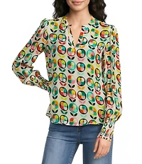 APNY Woven Printed Split V-Neck Long Sleeve Smocked Cuff Blouse