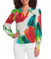 APNY Woven Printed Split V-Neck Long Sleeve Top