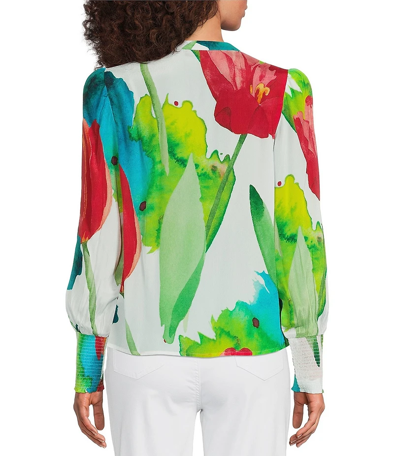 APNY Woven Printed Split V-Neck Long Sleeve Top