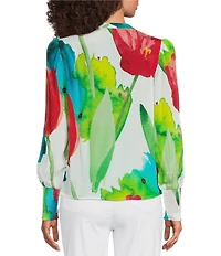 APNY Woven Printed Split V-Neck Long Sleeve Top