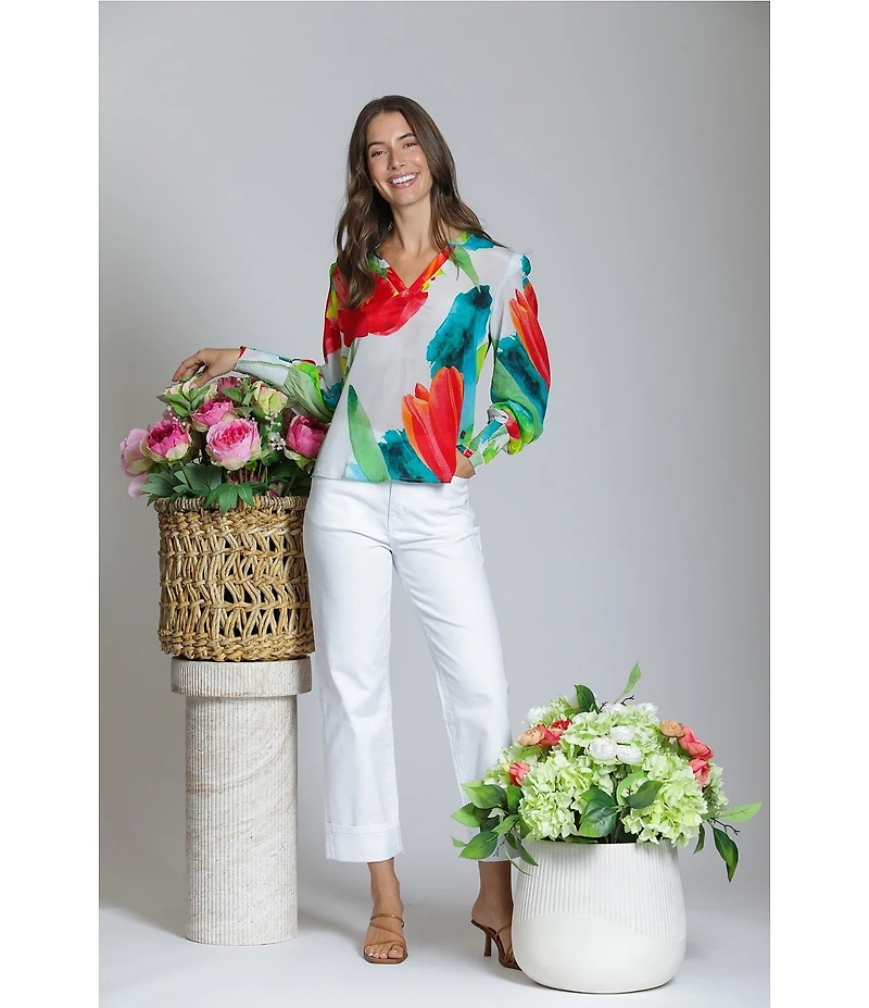 APNY Woven Printed Split V-Neck Long Sleeve Top
