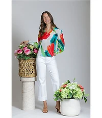 APNY Woven Printed Split V-Neck Long Sleeve Top