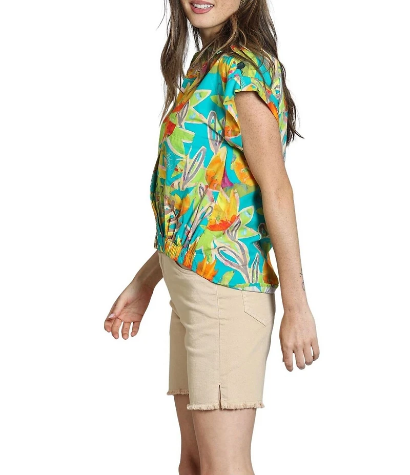 APNY Woven Printed Split V-Neck Short Sleeve Blouse