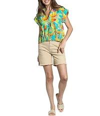 APNY Woven Printed Split V-Neck Short Sleeve Blouse