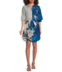 APNY Woven Printed Spread Collar 3/4 Sleeve Shirt Dress