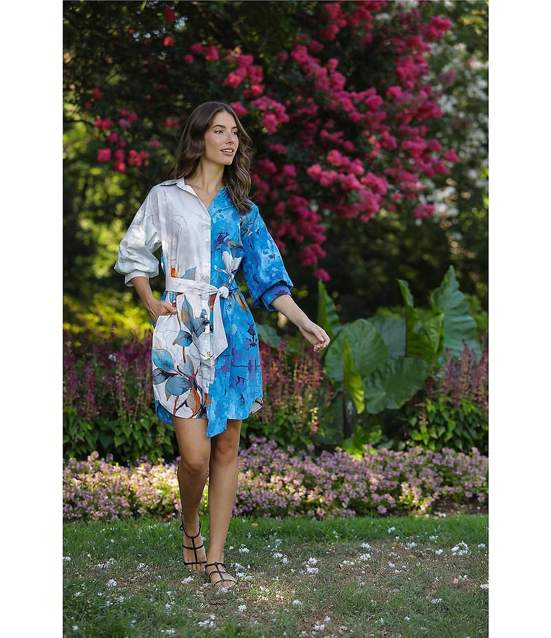 APNY Woven Printed Spread Collar 3/4 Sleeve Shirt Dress