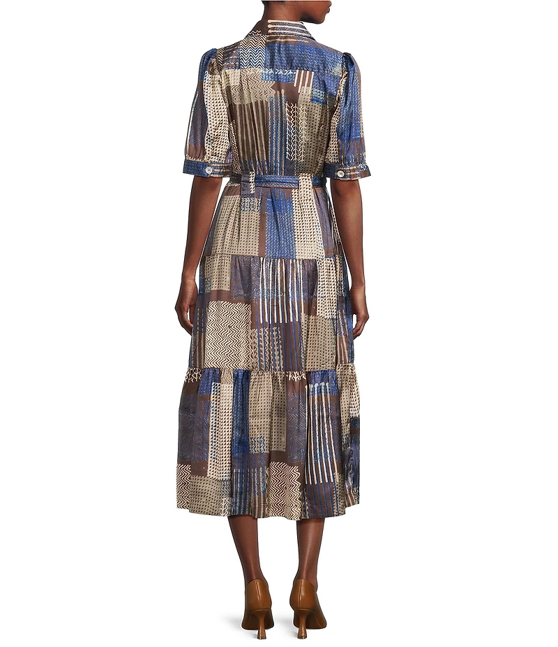 APNY Woven Printed Spread Collar 3/4 Sleeves Tiered Shirt Midi Dress
