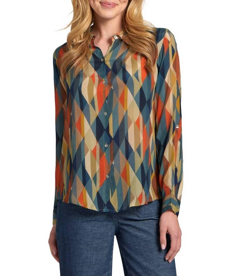 APNY Woven Printed Spread Collar Long Rolled Cuff Sleeve Button Front Blouse