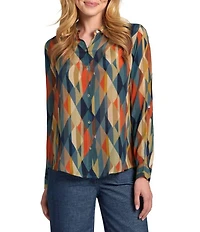 APNY Woven Printed Spread Collar Long Rolled Cuff Sleeve Button Front Blouse