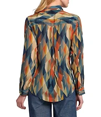 APNY Woven Printed Spread Collar Long Rolled Cuff Sleeve Button Front Blouse