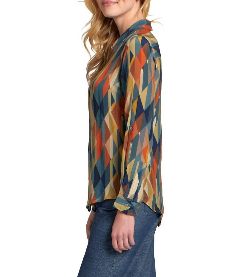 APNY Woven Printed Spread Collar Long Rolled Cuff Sleeve Button Front Blouse
