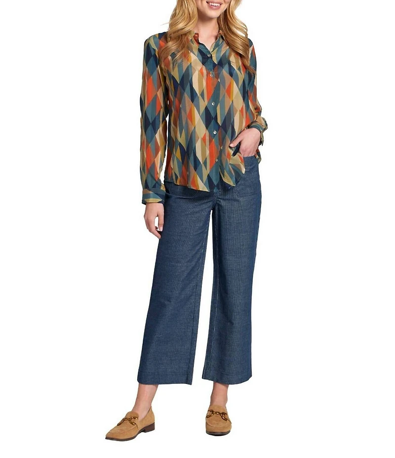 APNY Woven Printed Spread Collar Long Rolled Cuff Sleeve Button Front Blouse