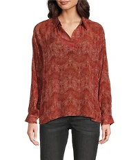 APNY Woven Printed Spread Collar Long Sleeve Blouse