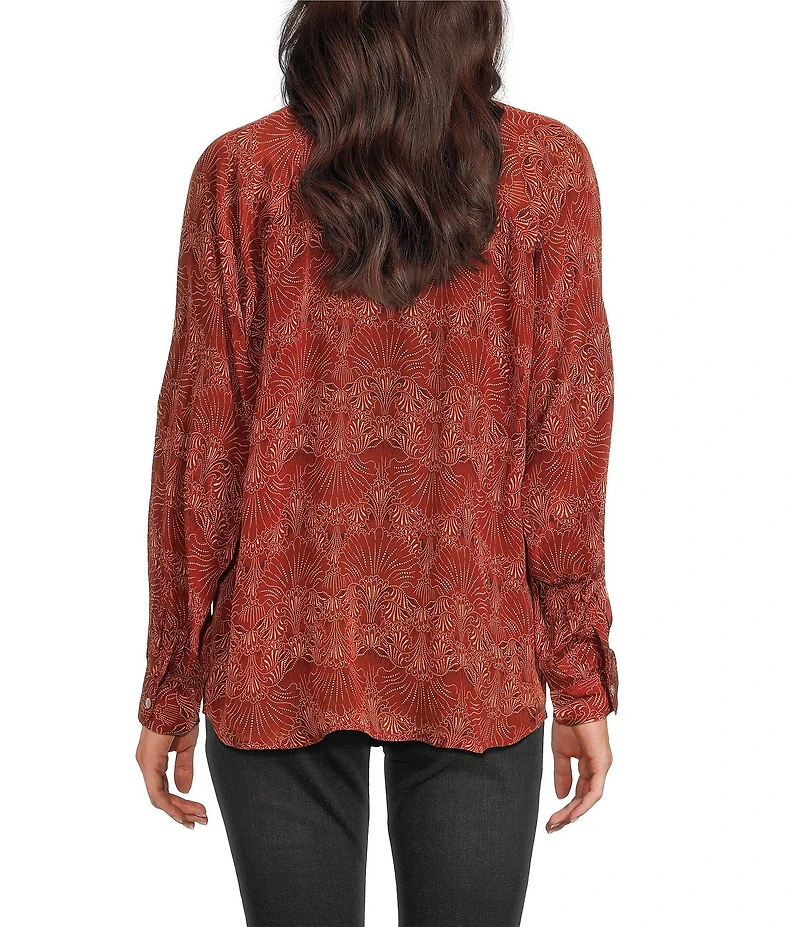 APNY Woven Printed Spread Collar Long Sleeve Blouse