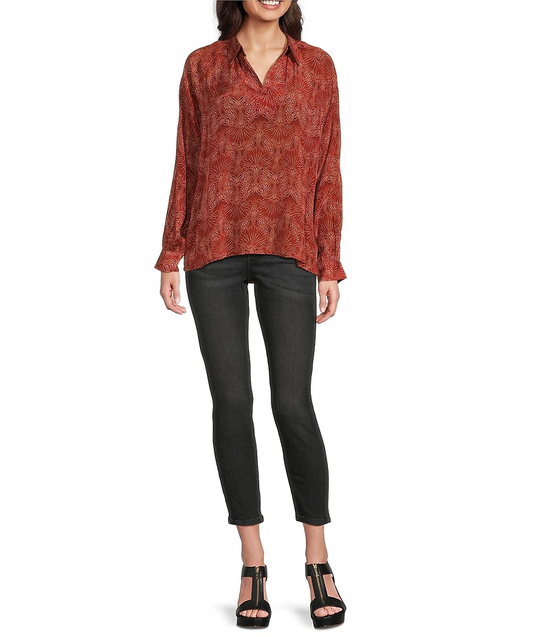 APNY Woven Printed Spread Collar Long Sleeve Blouse