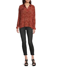 APNY Woven Printed Spread Collar Long Sleeve Blouse