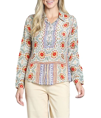 APNY Woven Printed Spread Collar Long Sleeve Blouse