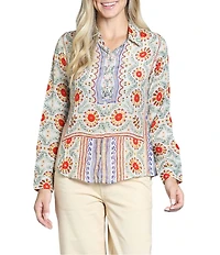 APNY Woven Printed Spread Collar Long Sleeve Blouse