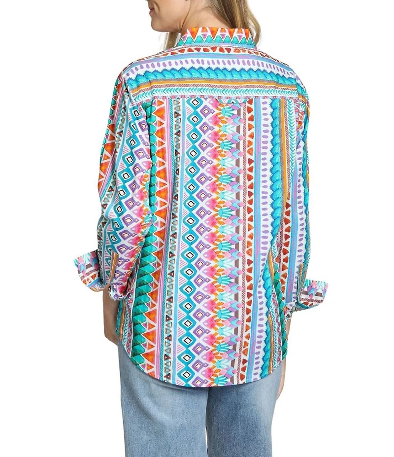 APNY Woven Printed Spread Collar Long Sleeve Boyfriend Shirt