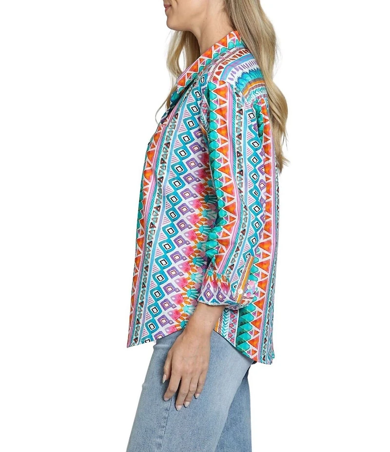 APNY Woven Printed Spread Collar Long Sleeve Boyfriend Shirt