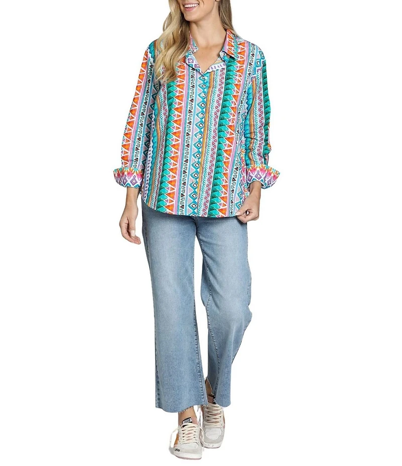 APNY Woven Printed Spread Collar Long Sleeve Boyfriend Shirt