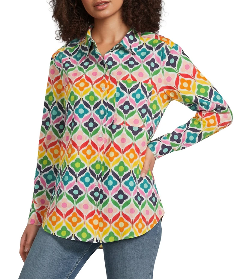 APNY Woven Printed Spread Collar Long Sleeve Boyfriend Shirt