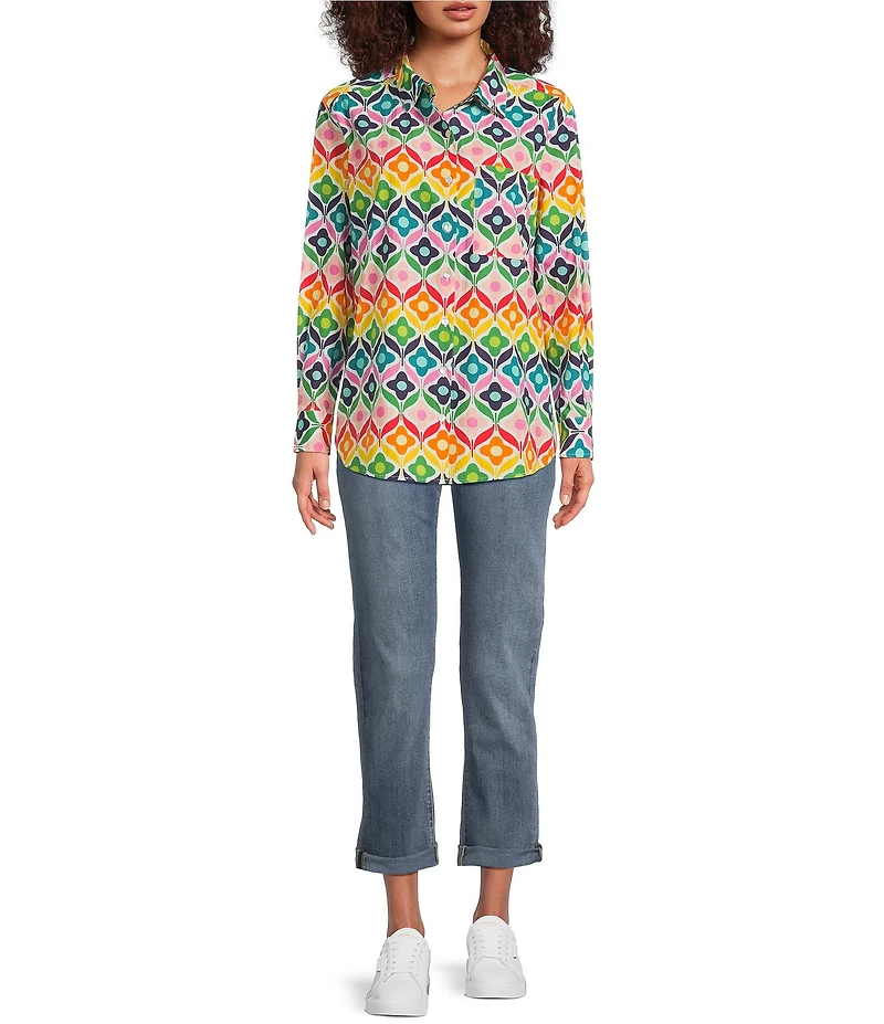 APNY Woven Printed Spread Collar Long Sleeve Boyfriend Shirt